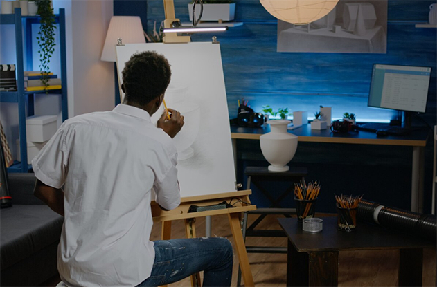 Speaker presenting in front of a large painting