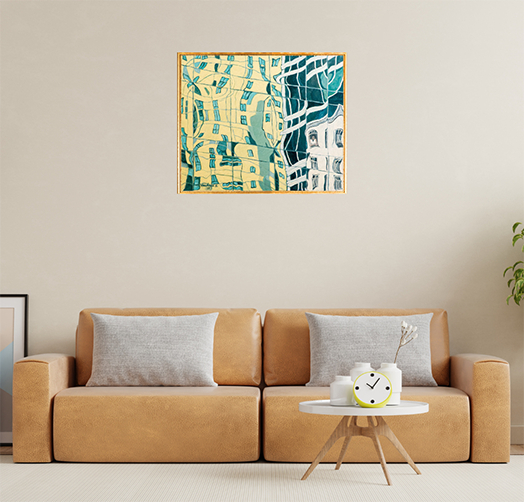 Modern interior with artwork displayed above a sofa